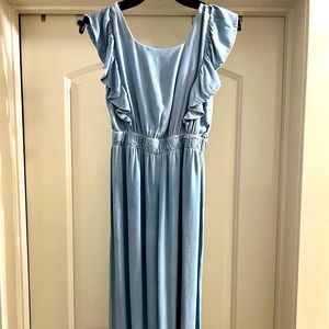 Girls denim-style, one-piece jumpsuit.